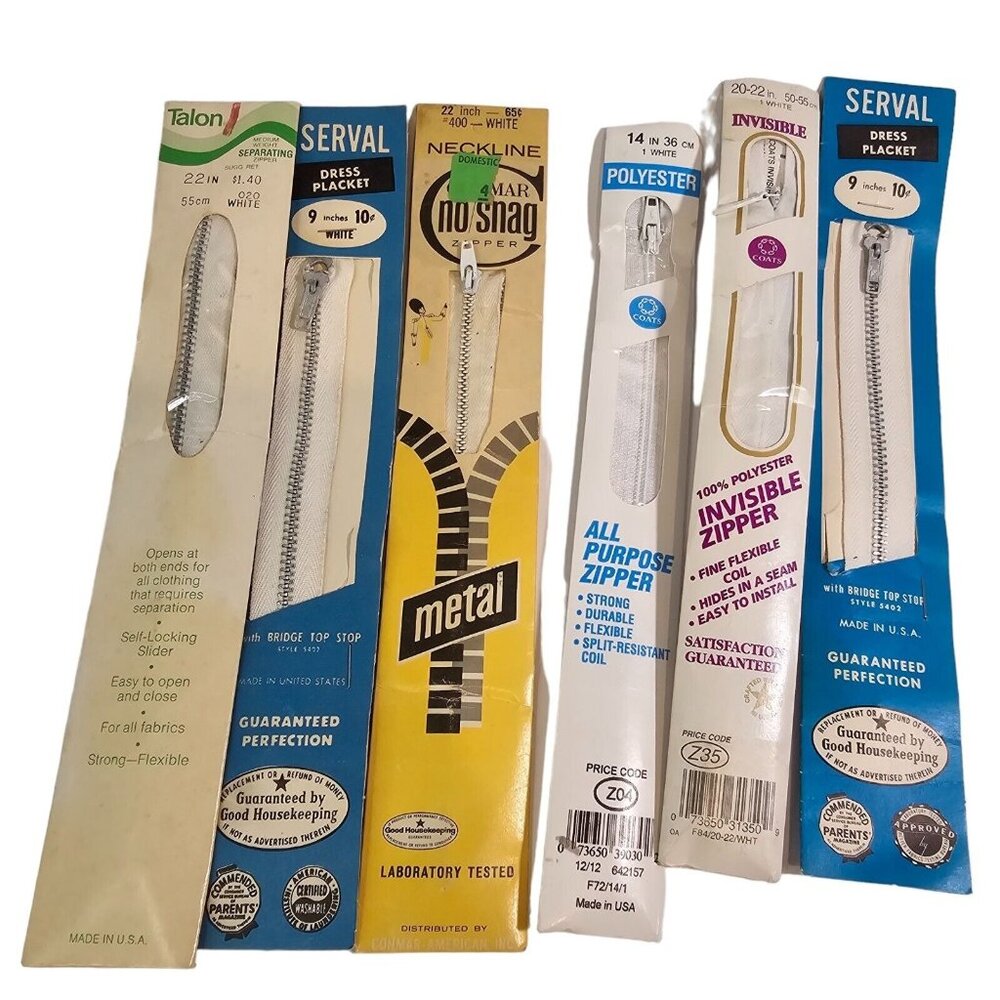 Vintage Zipper Lot WHITE Talon Serval Conmar Coats Invisible Metal Sewing USA